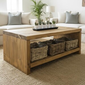 Handmade Rustic Wood Coffee Table with Storage Shelf, Farmhouse Style