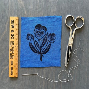 Pansy, Blue, Hand Printed Linen Patch, Visible Mending