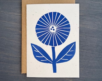 Blue Modern Note Card, Scandinavian Flower Greeting Card, Floral Greeting Card, Blank Greeting Card