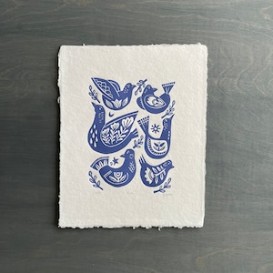 Scandinavian Folk Art, Linoleum Block Print, Bird Flower Art Print, Scandinavian Style Design, Bird Nursery Art, Blue Bird Art