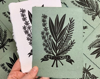 Eat Well | Green Art Print, Linoleum Block, Limited Edition
