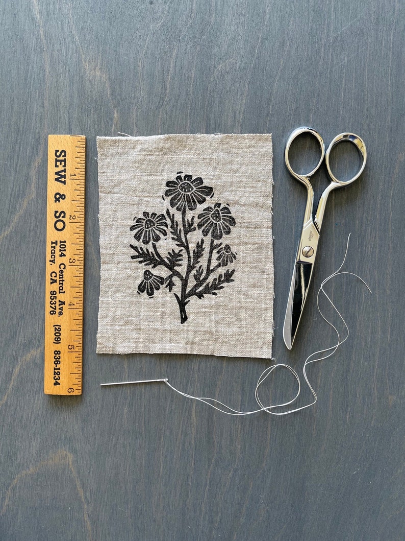 Chamomile, Beige, Hand Printed Linen Patch, Visible Mending image 1