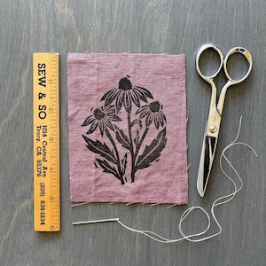 Coneflower, Purple,  Hand Printed Linen Patch, Visible Mending