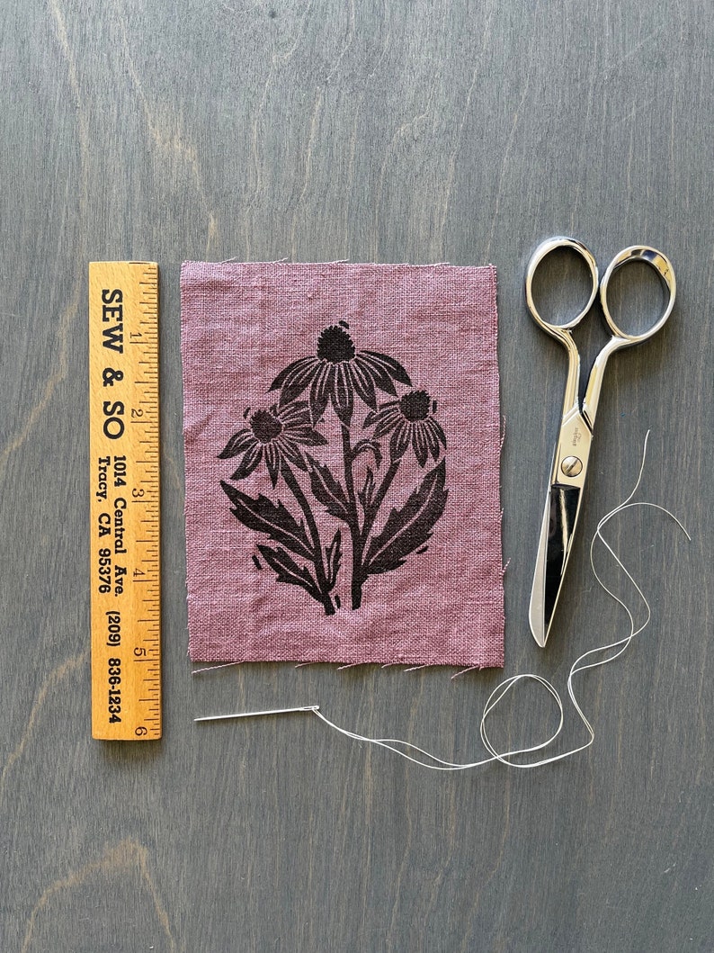 Coneflower, Purple, Hand Printed Linen Patch, Visible Mending image 1