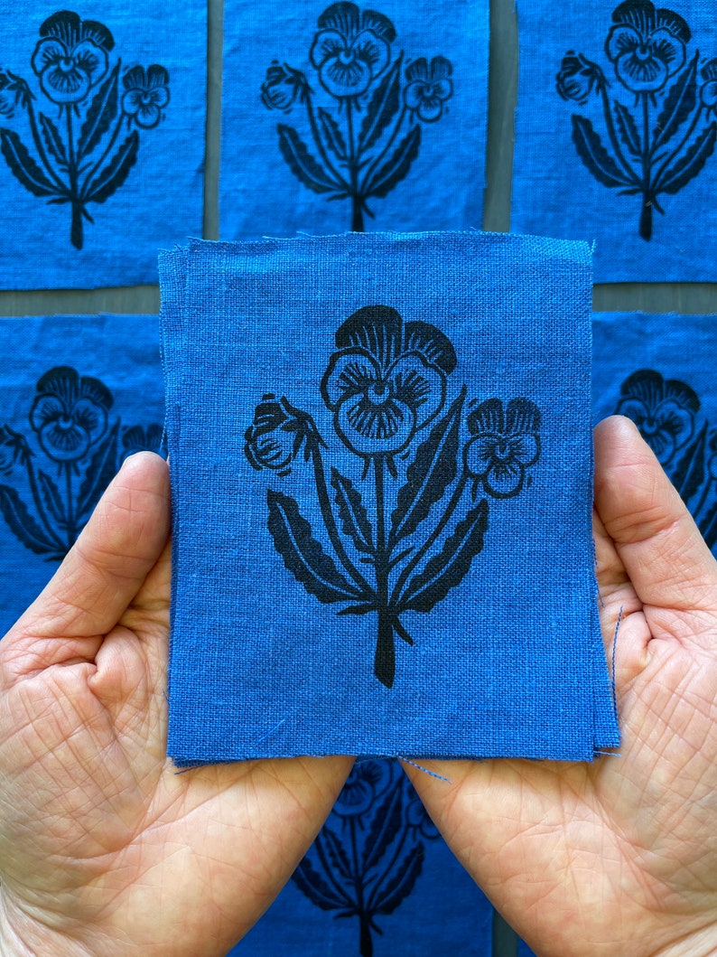 Pansy Blue Hand Printed Linen Patch image 2