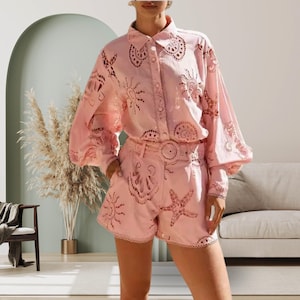 Loose Two Piece Sets for Women Lapel Long Sleeves Spliced Single Breasted Top Patchwork Hollow Out Short Set Female