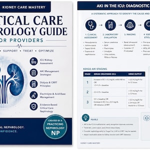 May include: A two-page educational guide titled Critical Care Nephrology Guide for Providers. The left page features a large blue kidney illustration and lists topics like ICU Kidney Assessment and Dialysis. The right page details AKI diagnostic approaches, KDIGO staging tables, and risk factors.