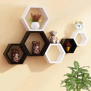 Set of 6 Hexagon Shelves, Wood Plant Shelves, Wide Hexagons Shelves, Honeycomb Shelves, Wood Wall Decor