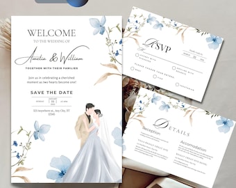 Floral wedding invitation template, Instant edit & download