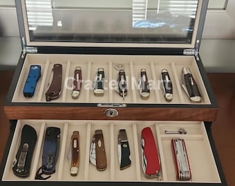 Wooden Knife Display Case With Walnut Finish | Knife Display Dox With Drawer | Knife Organizer | Knife Holder | Display Case | Gift For Him