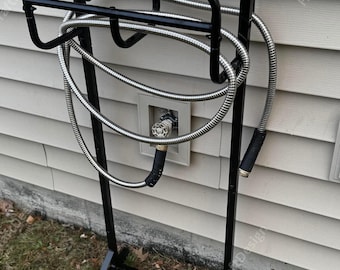 Heavy-Duty Metal Hose Holder with Stable Base and Tool Hooks | Garden Hose Holder | Hose Storage | Yard Hose Hanger | Garden Organizer