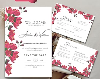 Red Floral wedding invitation template, Instant edit & download
