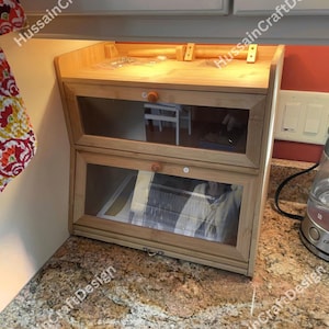 Wooden Double Layer Bread Box | Kitchen Organizer with Clear Window | Large Food Storage | Countertop Box | Bread Holder | Kitchen Storage