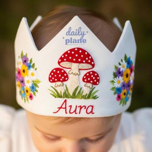 Personalized Mushroom and Wildflower Birthday Hand Embroidered Party Crown Custom Linen Crown Gifts for Birthday Handmade Birthday Crown