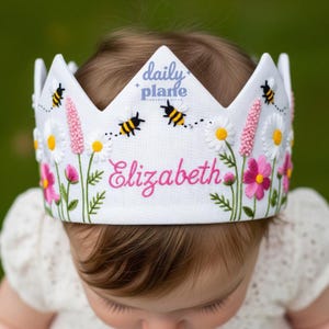 Personalized Bee and Cosmos Wildflower Birthday Hand Embroidered Party Crown Custom Linen Crown Gifts for Birthday Handmade Birthday Crown