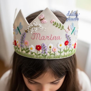 Personalized Butterfly Dragon Wildflower Birthday Hand Embroidered Party Crown Custom Linen Crown Gifts for Birthday Handmade Birthday Crown