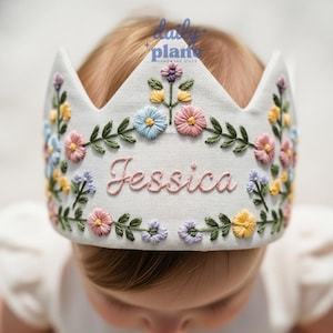 Personalized Wildflower Birthday Hand Embroidered Party Crown Custom Linen Crown Gifts for Birthday Handmade First Birthday Crown Gift