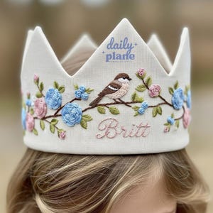 Personalized Bird and Rose Flower Birthday Hand Embroidered Party Crown Custom Linen Crown Gifts for Birthday Handmade Birthday Crown