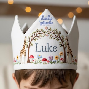 Personalized Giraffe and Mushroom Flower Birthday Hand Embroidered Party Crown Custom Linen Crown Gifts for Birthday Handmade Crown Gift
