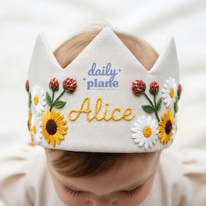 Personalized Sunflower Daisy Wildflower Birthday Hand Embroidered Party Crown Custom Linen Crown Gifts for Birthday Handmade Birthday Crown