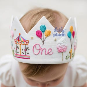 Personalized Carousel and Balloons Birthday Hand Embroidered Party Crown Custom Linen Crown Gifts for Birthday Handmade Birthday Crown