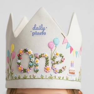 Personalized Flower Cake Balloons and Bunting Birthday Hand Embroidered Party Crown Custom Linen Crown Gifts for Birthday Handmade Crown