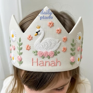 Personalized Swan and Rose Wildflower Birthday Hand Embroidered Party Crown Custom Linen Crown Gifts for Birthday Handmade Birthday Crown