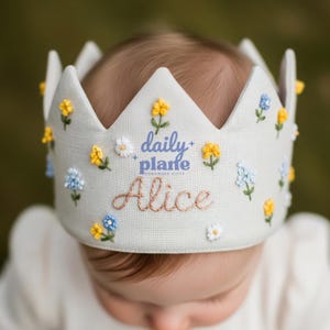Personalized Wildflower Birthday Hand Embroidered Party Crown Custom Linen Crown Gifts for Birthday Handmade First Birthday Crown Gift