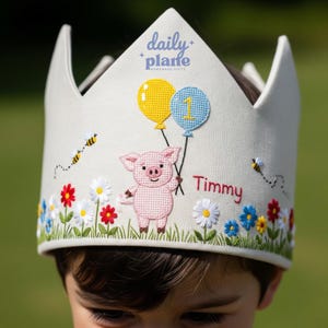 Personalized Pig and Bee Wildflower Birthday Hand Embroidered Party Crown Custom Linen Crown Gifts for Birthday Handmade Birthday Crown
