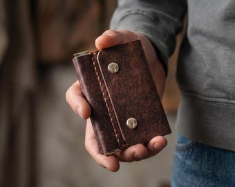 Compact Leather Trifold Wallet for Men | Coin, Card & Cash Holder | Snap Closure | Personalized Gift | Handmade in Georgia