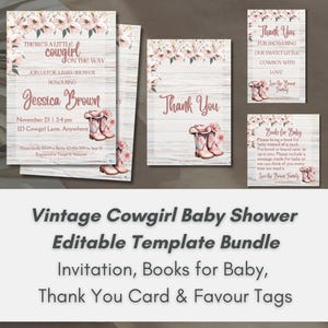 Puede incluir: Un conjunto de papelería para baby shower con temática de vaquera vintage. El conjunto incluye invitaciones, tarjetas de agradecimiento y etiquetas de recuerdo. Los diseños presentan acentos florales, botas de vaquero y texto sobre un fondo rústico de vetas de madera.