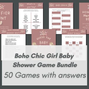 Op de afbeelding: Een verzameling babyshower-spellen met een boho chic thema. De spellen omvatten "Pacifier Hunt", "What's in your bag?", "Baby Brain", "How Big is Mommy's Belly?", "Who Knows Mommy Best?", "Guess the Baby" en "Find the Guest Bingo". De tekst "Boho Chic Girl Baby Shower Game Bundle" is ook zichtbaar.