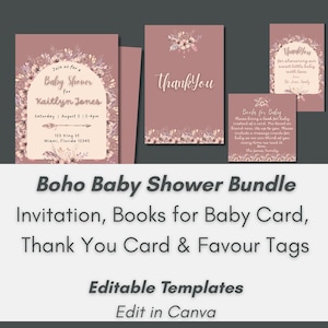 Bundle d'invitations baby shower bohème chic avec livres pour bébé, carte de remerciement et étiquettes de faveur pour la douche, kit d'invitations baby shower bohème
