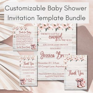 Puede incluir: Un paquete de plantillas de invitación de baby shower personalizables. El diseño presenta un fondo de madera rústica con detalles florales y texto en un tono rosa suave. La invitación incluye el texto "There's a little cowgirl on the way".