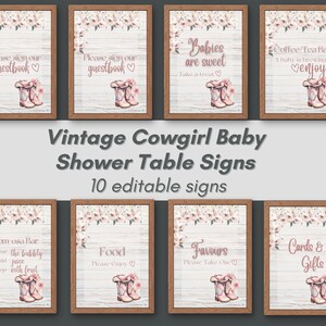 Puede incluir: Diez letreros enmarcados para un baby shower de vaquera vintage, cada uno con un fondo de efecto madera, decoraciones florales y texto como "libro de visitas" y "recuerdos". Los letreros también incluyen ilustraciones de botas de vaquero.