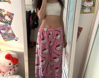 Kawaii Katzen Print Pyjama Hose: Kuschelige Fleece Loungewear