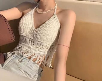 Top halter con flecos de crochet: bralette bohemio para festivales, estilo Y2K