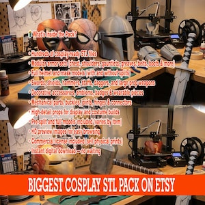 May include: A selection of 3D-printed cosplay items, including helmets, armour pieces, and weapons. The image shows a variety of items, such as a Mandalorian helmet, Spider-Man mask, and a large sword. Text on the image reads "What's Inside the Pack?" and "BIGGEST COSPLAY STL PACK ON ETSY."