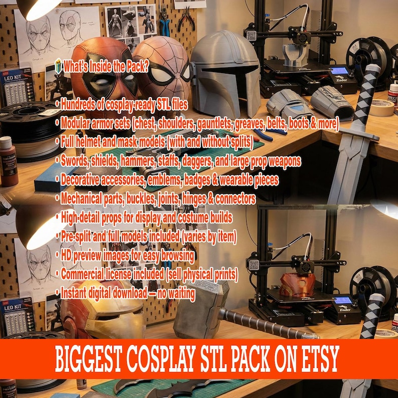 May include: A selection of 3D-printed cosplay items, including helmets, armour pieces, and weapons. The image shows a variety of items, such as a Mandalorian helmet, Spider-Man mask, and a large sword. Text on the image reads "What's Inside the Pack?" and "BIGGEST COSPLAY STL PACK ON ETSY."