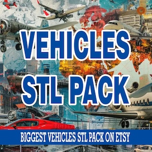 Peut inclure: Un collage coloré présentant divers véhicules, tels que des avions et une voiture de sport rouge, sur fond de carte du monde. Le texte "VEHICLES STL PACK" est affiché en bleu et blanc, avec du texte supplémentaire en bas.