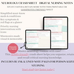 Puede incluir: Notas de enfermería digital en una tableta y un dispositivo más pequeño. El texto dice "Neurology Crash Sheet" e incluye información sobre medicamentos, síntomas, intervenciones y mnemotécnicos. La hoja es imprimible y digital.