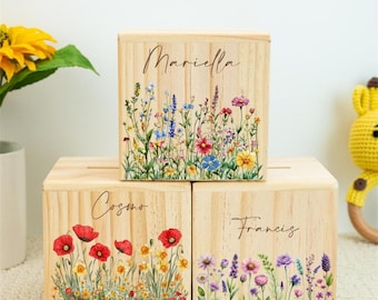Personalized Flower Piggy Bank for Baby Girl,Easter Gift for Kid,Wooden Money Box with Name,Birthday Gift For Her,Wildflower Coin Bank,