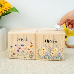 Personalized Flower Piggy Bank for Baby Girl,Easter Gift for Kid,Wooden Money Box with Name,Birthday Gift For Her,Wildflower Coin Bank,