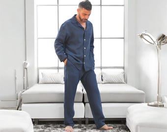 Pijama de lino personalizado para hombre: pijama orgánico azul marino