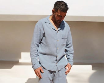 Herren Pyjama aus doppelter Gaze-Baumwolle: Leichte Nachtwäsche