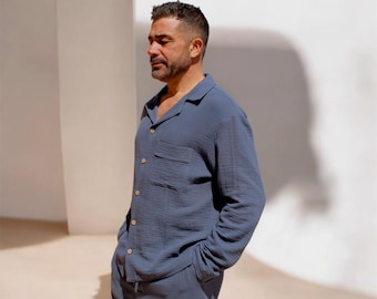 Herren Pyjama aus doppelter Gaze-Baumwolle: Nachtwäsche mit entspannter Passform