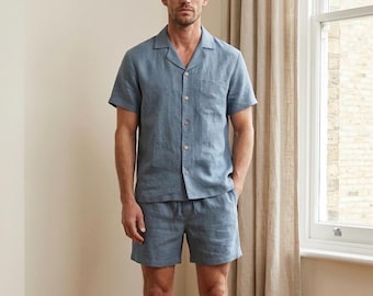 Completo pigiama di lusso in lino lavato per uomo, completo pigiama Dallas, completo pigiama corto in lino lavato in stile europeo –
