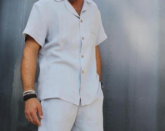 Men's Organic Linen Pajama Set, Short Sleeve Monogram Sleepwear