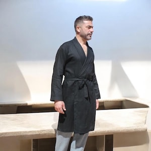 mens linen robe , black linen robe for men, loungewear organic for men ,