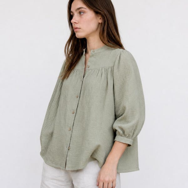 Women Cotton Gauze Blouse , Relaxed Fit Muslin Top with Puff Sleeves